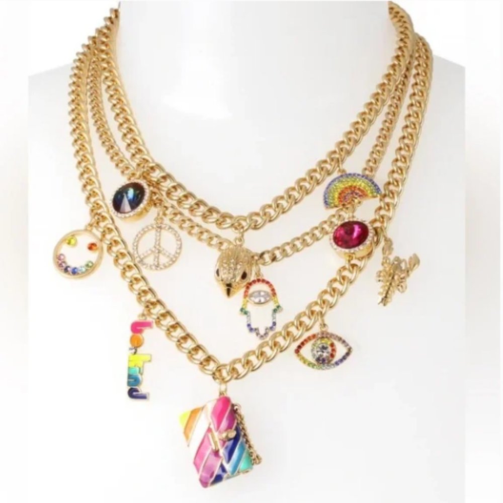 Kurt Geiger gold multi-row layered chain charm necklace w/dust bag